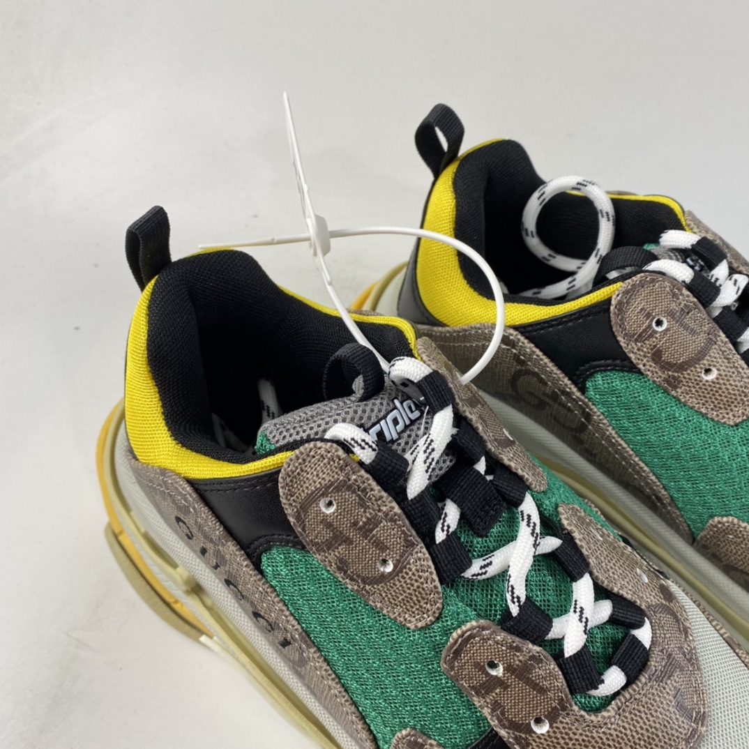 P480  Gucci x Balenciaga Triple S Clear Sole Sneaker”The Hacker Project”巴黎世家时装复古厚底增高百搭休闲运动姥爷球鞋“GG乌木棕绿黄黑”681067 UMO20 9766