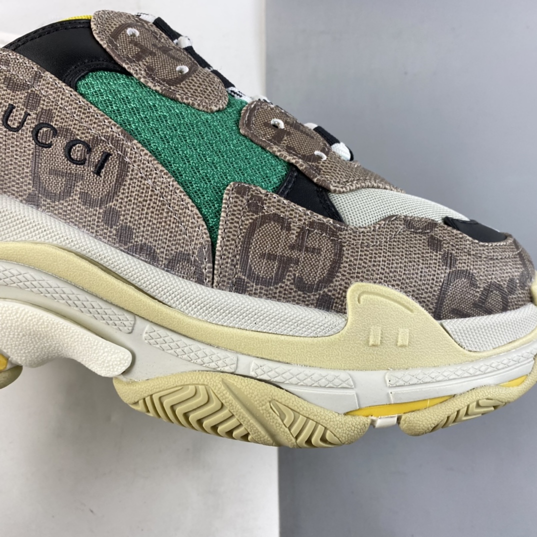 P480  Gucci x Balenciaga Triple S Clear Sole Sneaker”The Hacker Project”巴黎世家时装复古厚底增高百搭休闲运动姥爷球鞋“GG乌木棕绿黄黑”681067 UMO20 9766