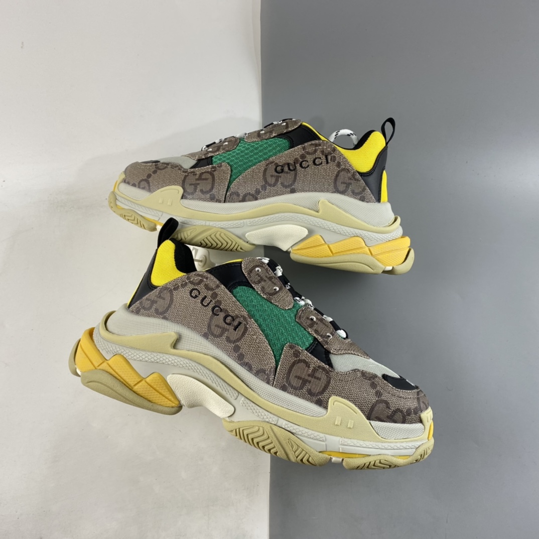 P480  Gucci x Balenciaga Triple S Clear Sole Sneaker”The Hacker Project”巴黎世家时装复古厚底增高百搭休闲运动姥爷球鞋“GG乌木棕绿黄黑”681067 UMO20 9766