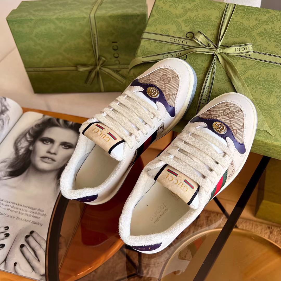 ex fábrica Gucci. zapatos sucios tela púrpura y albaricoque doble G cincha roja y verde ribete de de