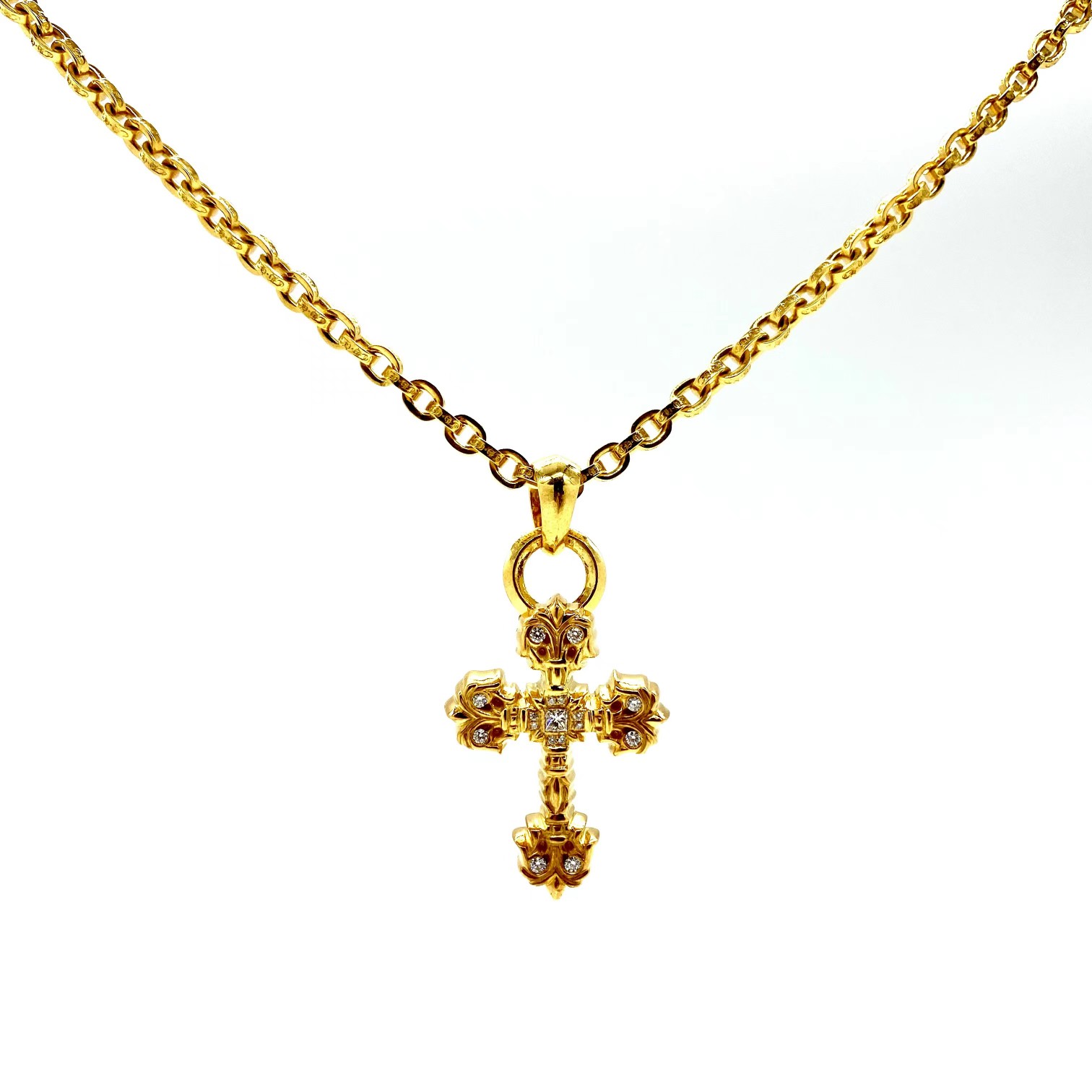NO:108711,[Real Gold and Real Diamond] Croxin 22 Gold Medium Flame Inlaid Stone Cross Original Consistent Material Craft Heavy Work Edition Production, Jewelry Premium, Chrome Hearts19860909【真金真钻】 克罗心22金 中号火焰镶石十字架 原版一致材质工艺 重工版 对版制作,饰品精品,chrome hearts,Jewelry