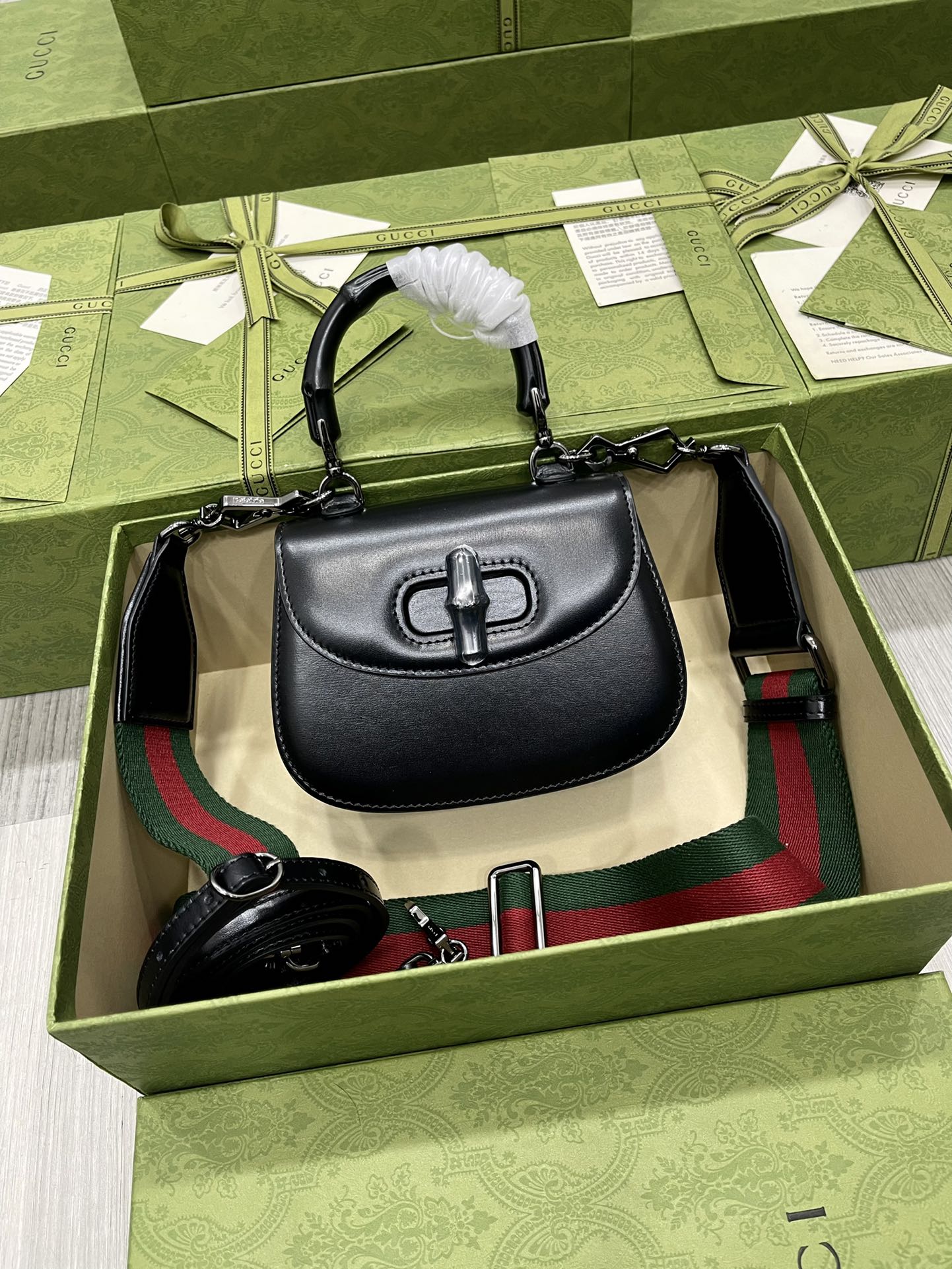 GUCCI Bamboo Mini Handbag Black Leather Interchangeable Shoulder Strap