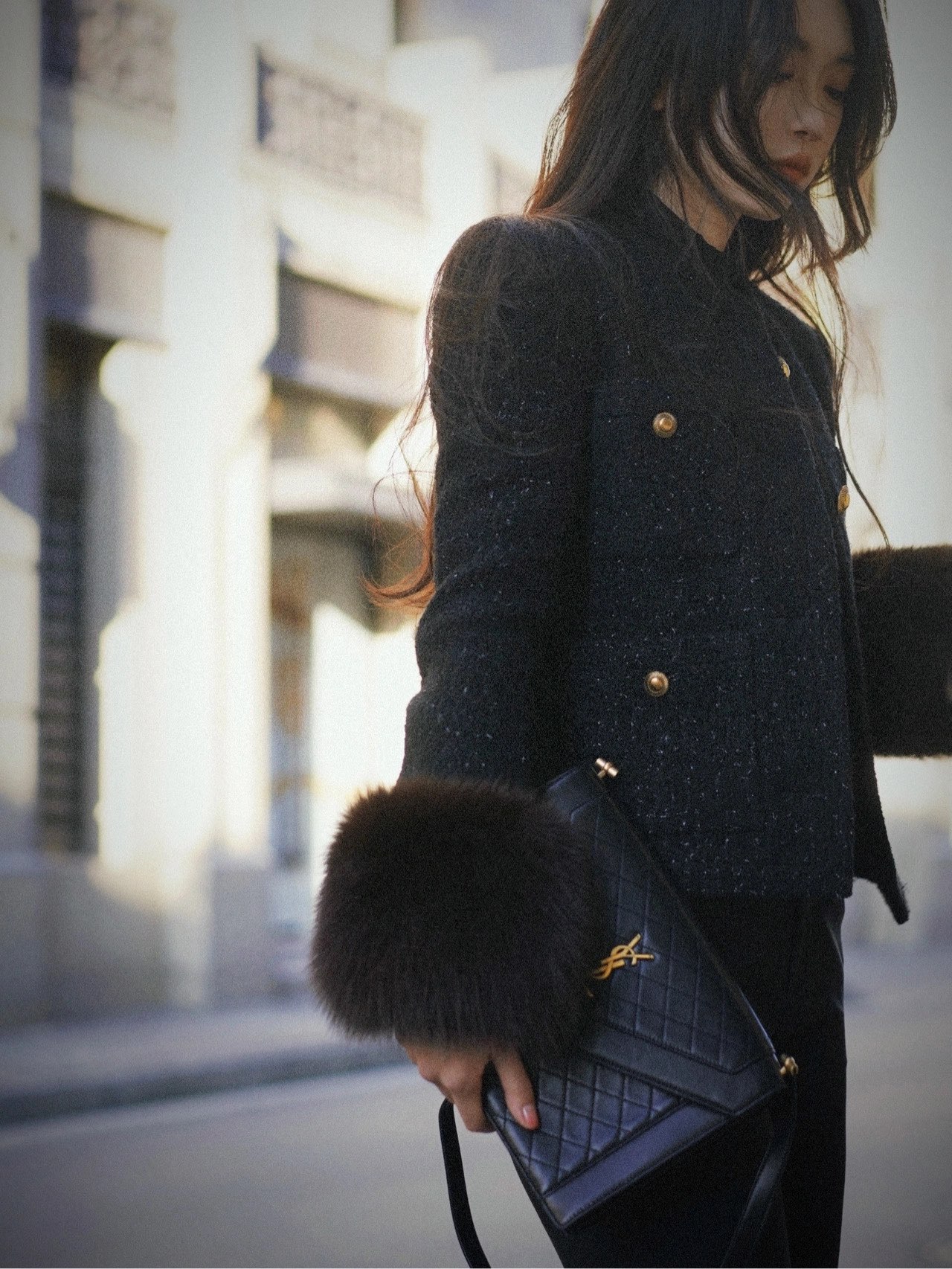 Saint laurent Ysl Gaby绗缝纹路信封斜挎包 668863黑色