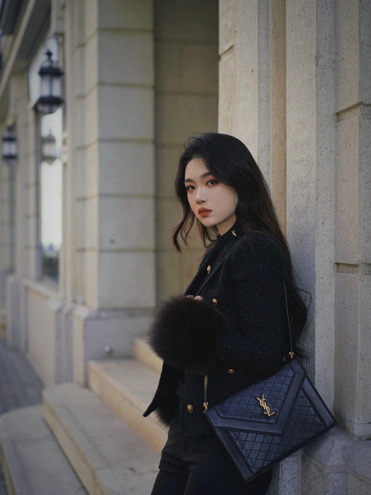 Saint laurent Ysl Gaby绗缝纹路信封斜挎包 668863黑色