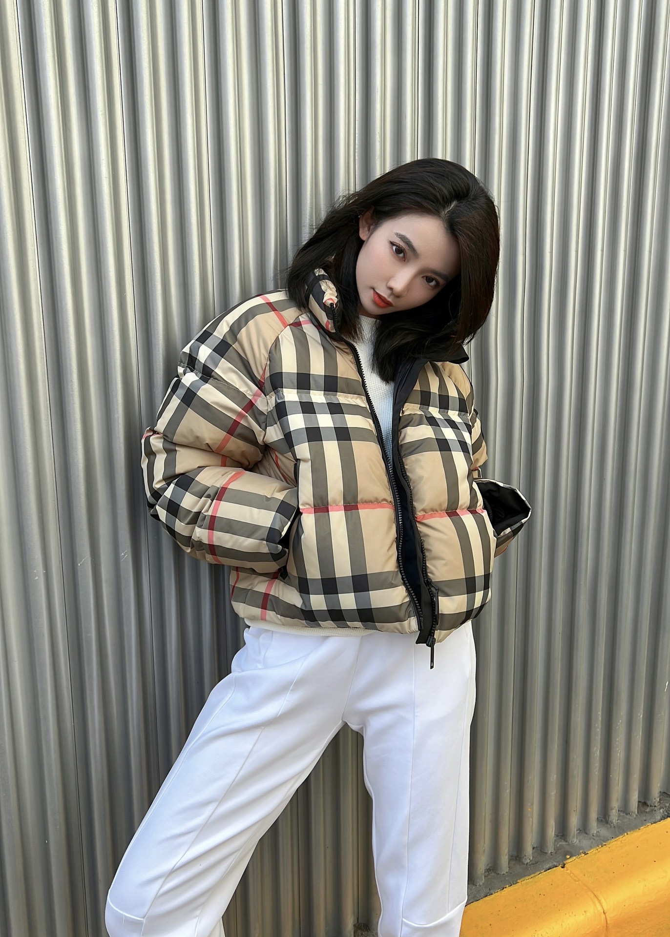 Burberry plaid women's down jacket, 90% down fill, high-density polyester, quilted design, stand collar, zippered pockets. Sizes: S, M, L.-Big cat