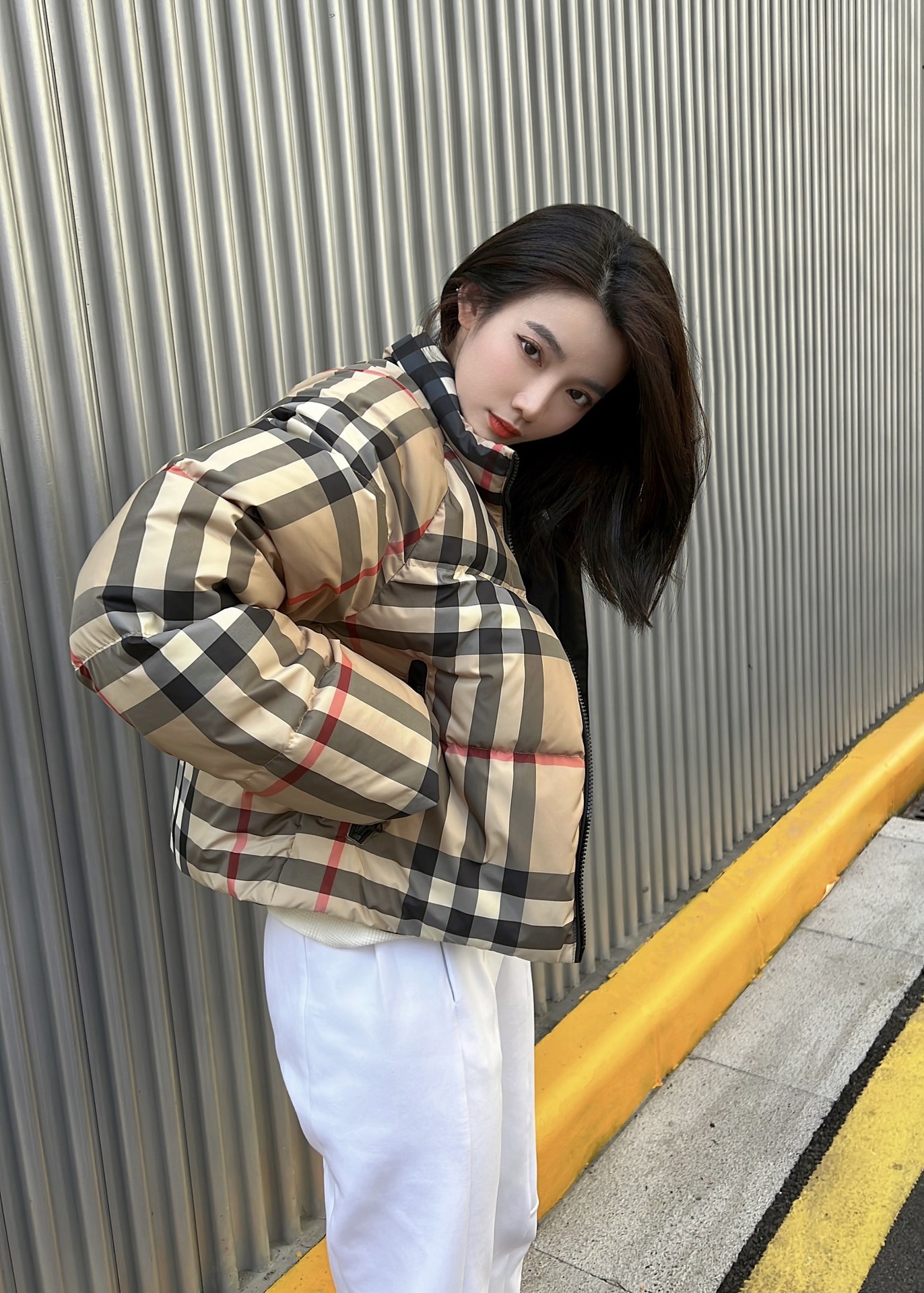 Burberry plaid women's down jacket, 90% down fill, high-density polyester, quilted design, stand collar, zippered pockets. Sizes: S, M, L.-Big cat