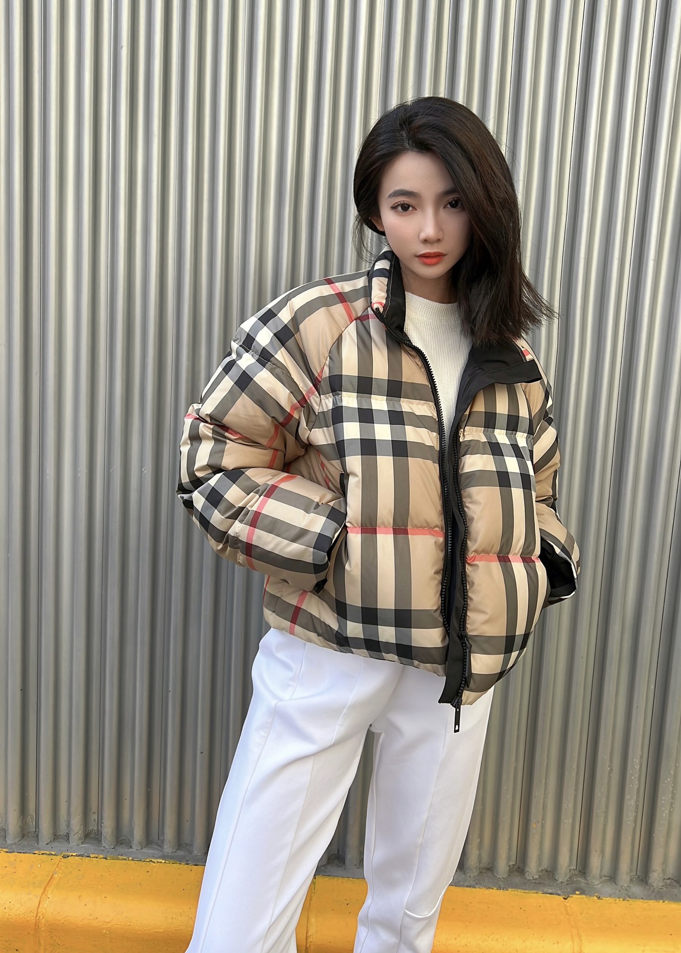 Burberry plaid women's down jacket, 90% down fill, high-density polyester, quilted design, stand collar, zippered pockets. Sizes: S, M, L.-Big cat