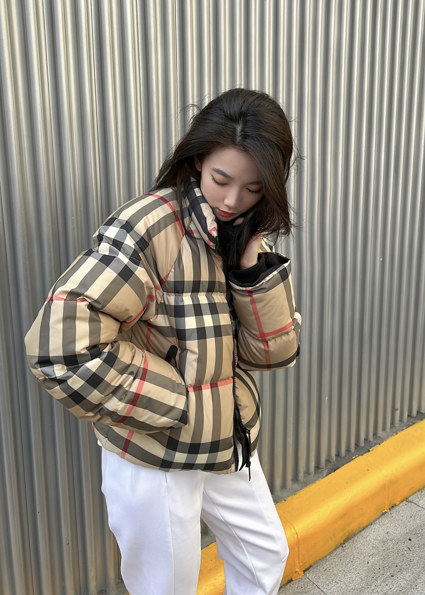 Burberry plaid women's down jacket, 90% down fill, high-density polyester, quilted design, stand collar, zippered pockets. Sizes: S, M, L.-Big cat