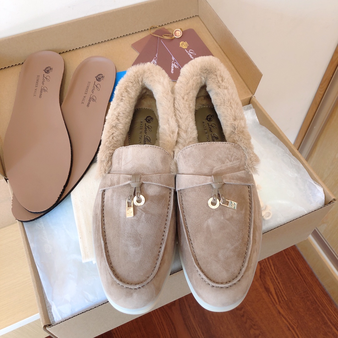 Loro Piana Online
 Shoes Loafers Moccasin Apricot Color Grey White Unisex Calfskin Chamois Cowhide Rabbit Hair Winter Collection