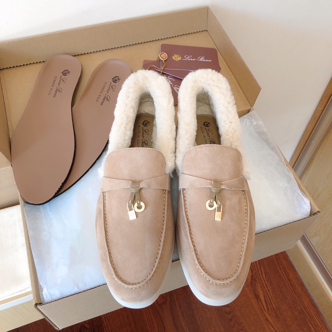 Loro Piana Shoes Loafers Moccasin Apricot Color Grey White Unisex Calfskin Chamois Cowhide Rabbit Hair Winter Collection