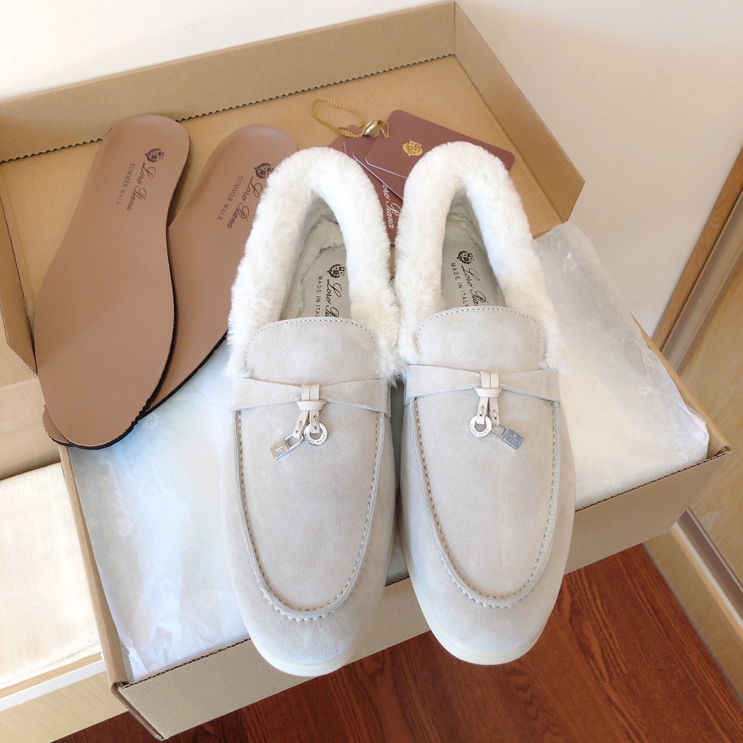 Replica AAA+ Designer
 Loro Piana Shoes Loafers Moccasin Apricot Color Grey White Unisex Calfskin Chamois Cowhide Rabbit Hair Winter Collection