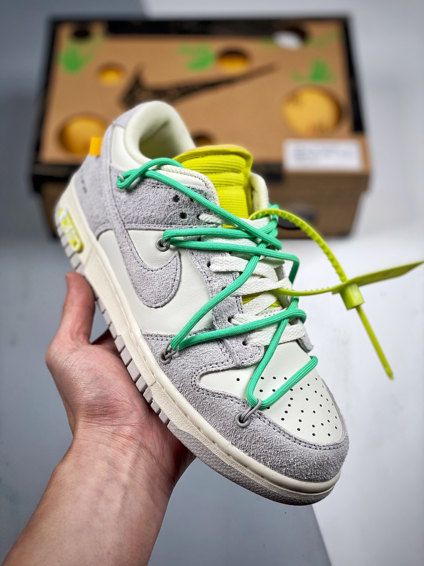Off-White x Nike Dunk Low NO.14 cordones verdes, hebilla amarilla, fabricación original pura de fábrica grande, zapatos…