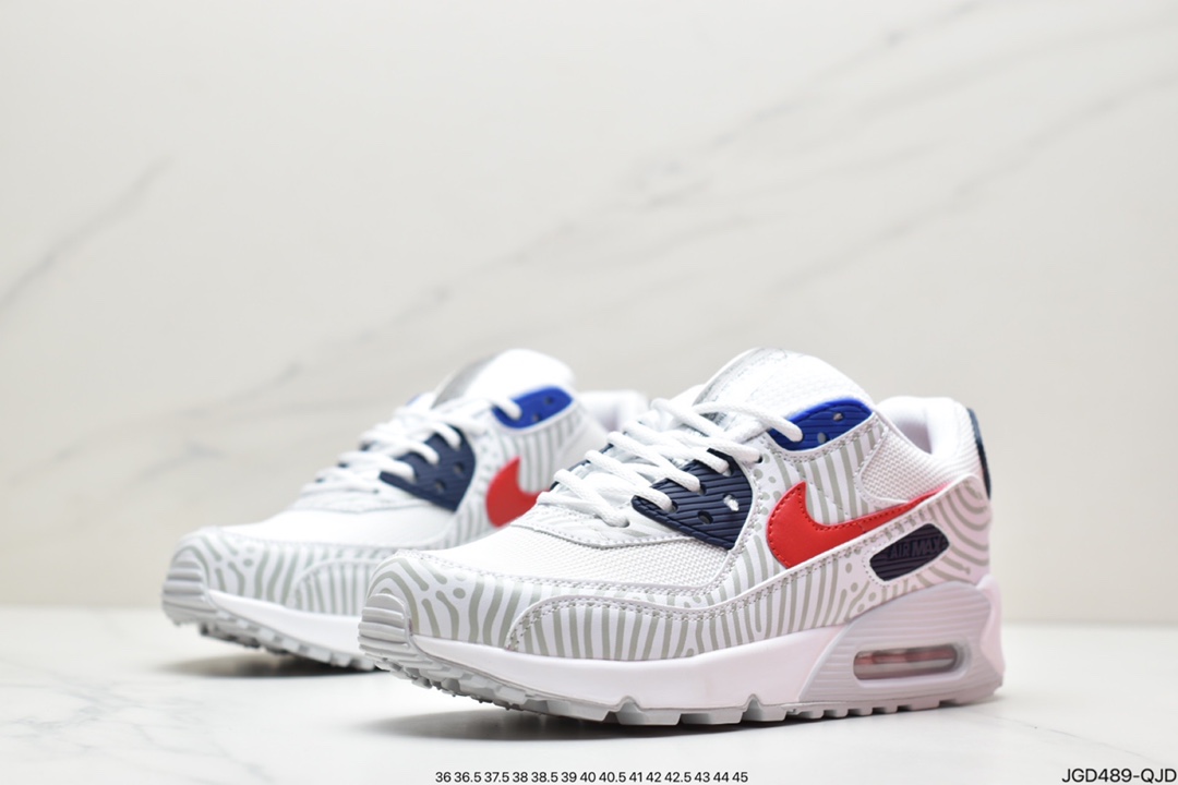 180 Nike Air Max 90”Euro Tour”复古气垫百搭休闲运动慢跑鞋“白深蓝红灰斑马纹”CW7574-100