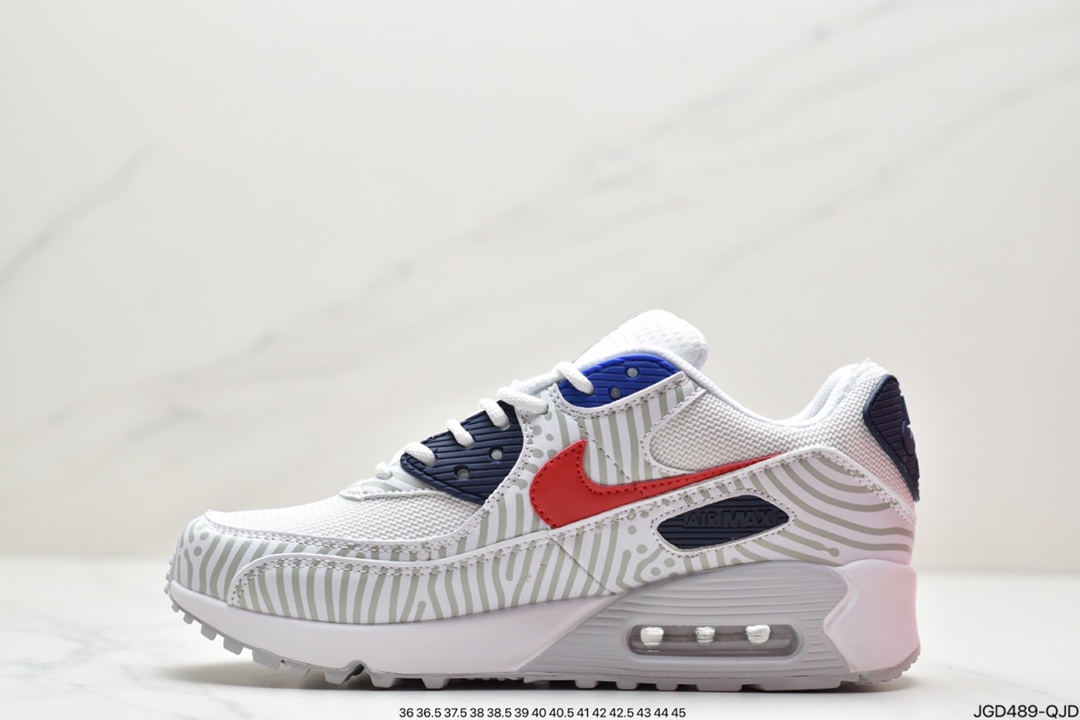 180 Nike Air Max 90”Euro Tour”复古气垫百搭休闲运动慢跑鞋“白深蓝红灰斑马纹”CW7574-100