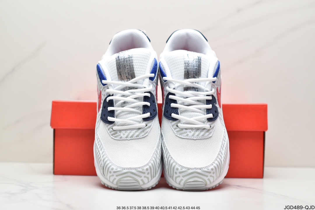 180 Nike Air Max 90”Euro Tour”复古气垫百搭休闲运动慢跑鞋“白深蓝红灰斑马纹”CW7574-100