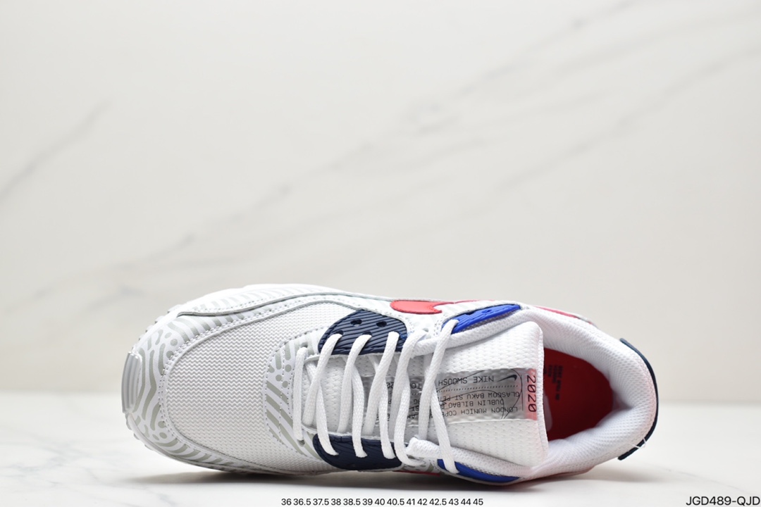 180 Nike Air Max 90”Euro Tour”复古气垫百搭休闲运动慢跑鞋“白深蓝红灰斑马纹”CW7574-100
