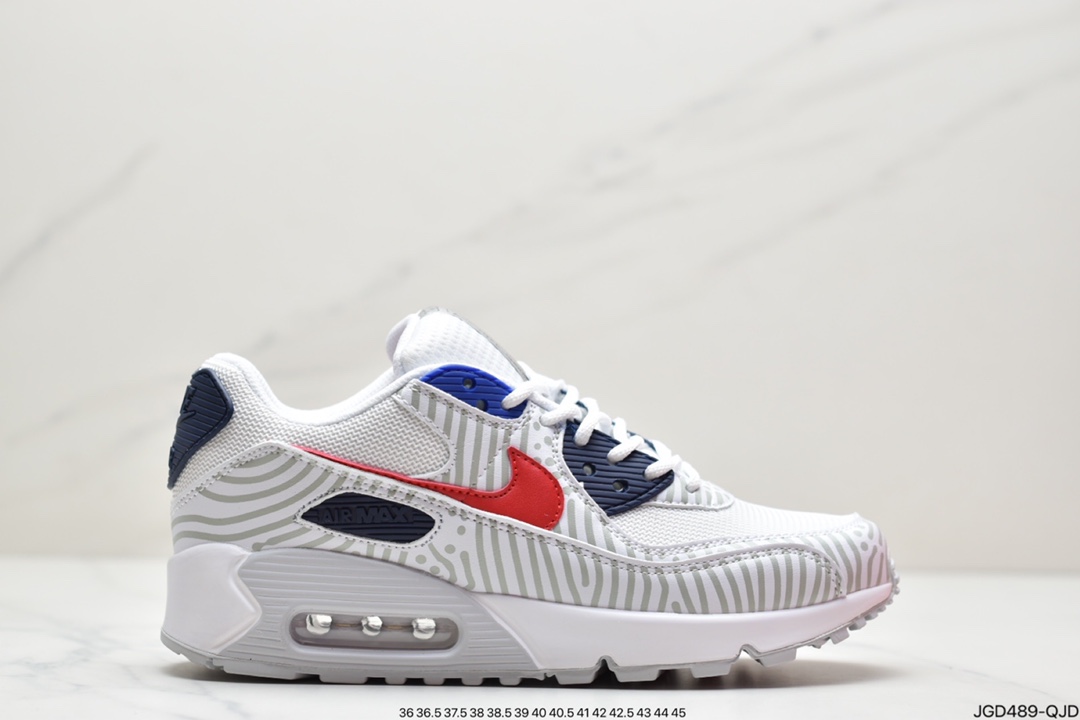 180 Nike Air Max 90”Euro Tour”复古气垫百搭休闲运动慢跑鞋“白深蓝红灰斑马纹”CW7574-100