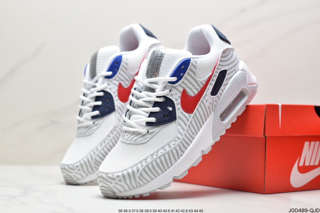 180 Nike Air Max 90”Euro Tour”复古气垫百搭休闲运动慢跑鞋“白深蓝红灰斑马纹”CW7574-100