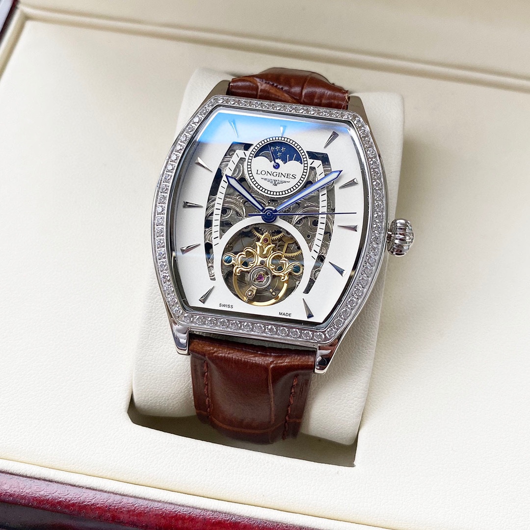 时尚镂空 优雅别致浪琴  Longines  男士腕表 全自动机械机芯 矿物强化玻璃 316L精钢表壳 真皮表带 经典风格 商务休闲 尺寸:直径42mm 厚度12mm