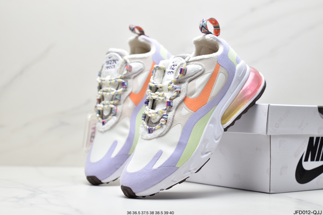 170 Nike Air Max 270 React SE”Beige Orange Purple”270瑞亚赛车运动慢跑鞋“米白浅紫橘淡绿加绒”DC3276-101
