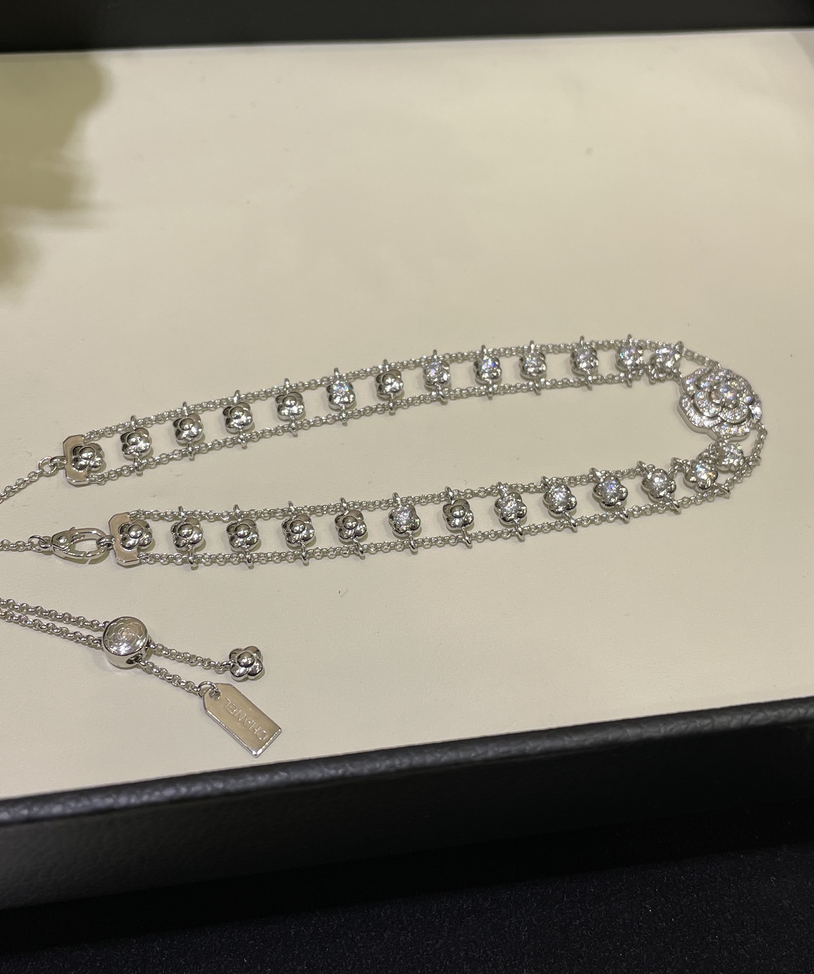 CHANEL Camellia Openwork Necklace Silver