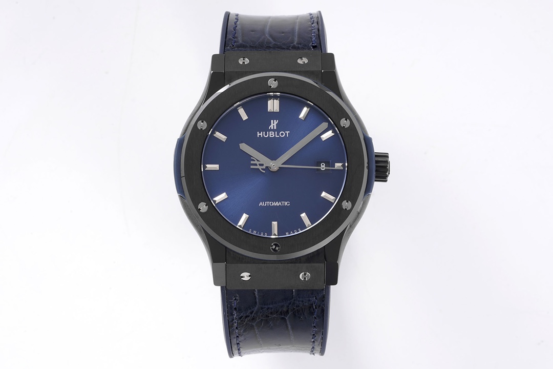 Hublot Relógio Preto Azul Couro de crocodilo Frosted Borracha Automatic Mechanical Movement Correia couro jacaré