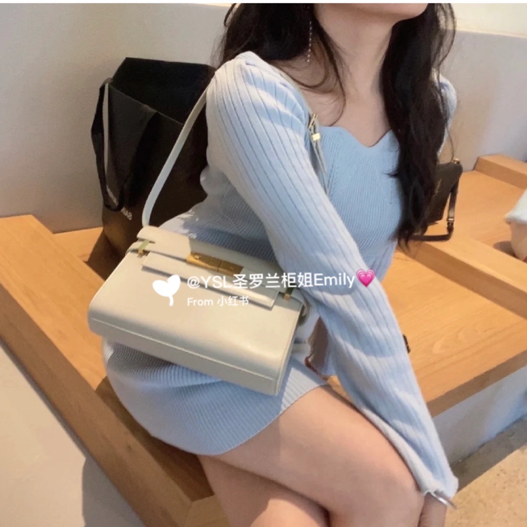 YSL 𝙈𝙖𝙣𝙝𝙖𝙩𝙩𝙖𝙣 𝟮𝟰𝙘𝙢 牙签纹法棍包 675626白色/金扣