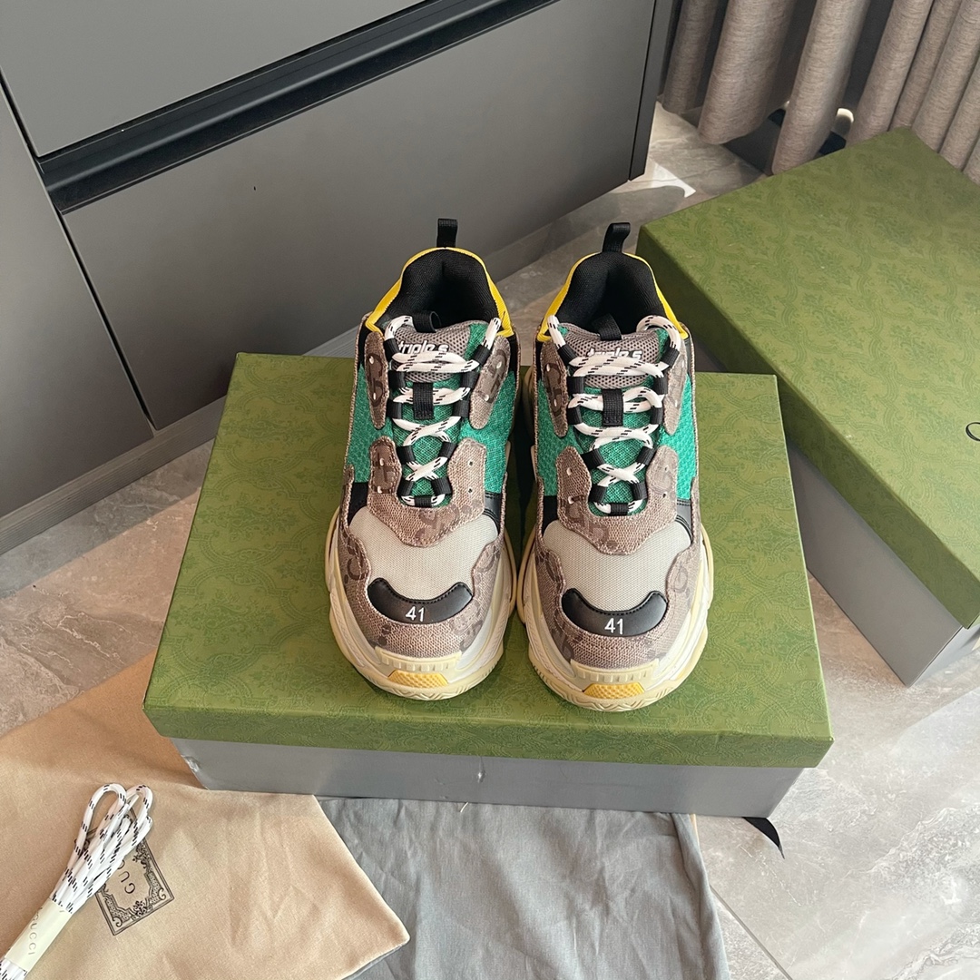 Gucci Balenciaga Triple S sneakers dad shoes jaune vert monogramme multicolore