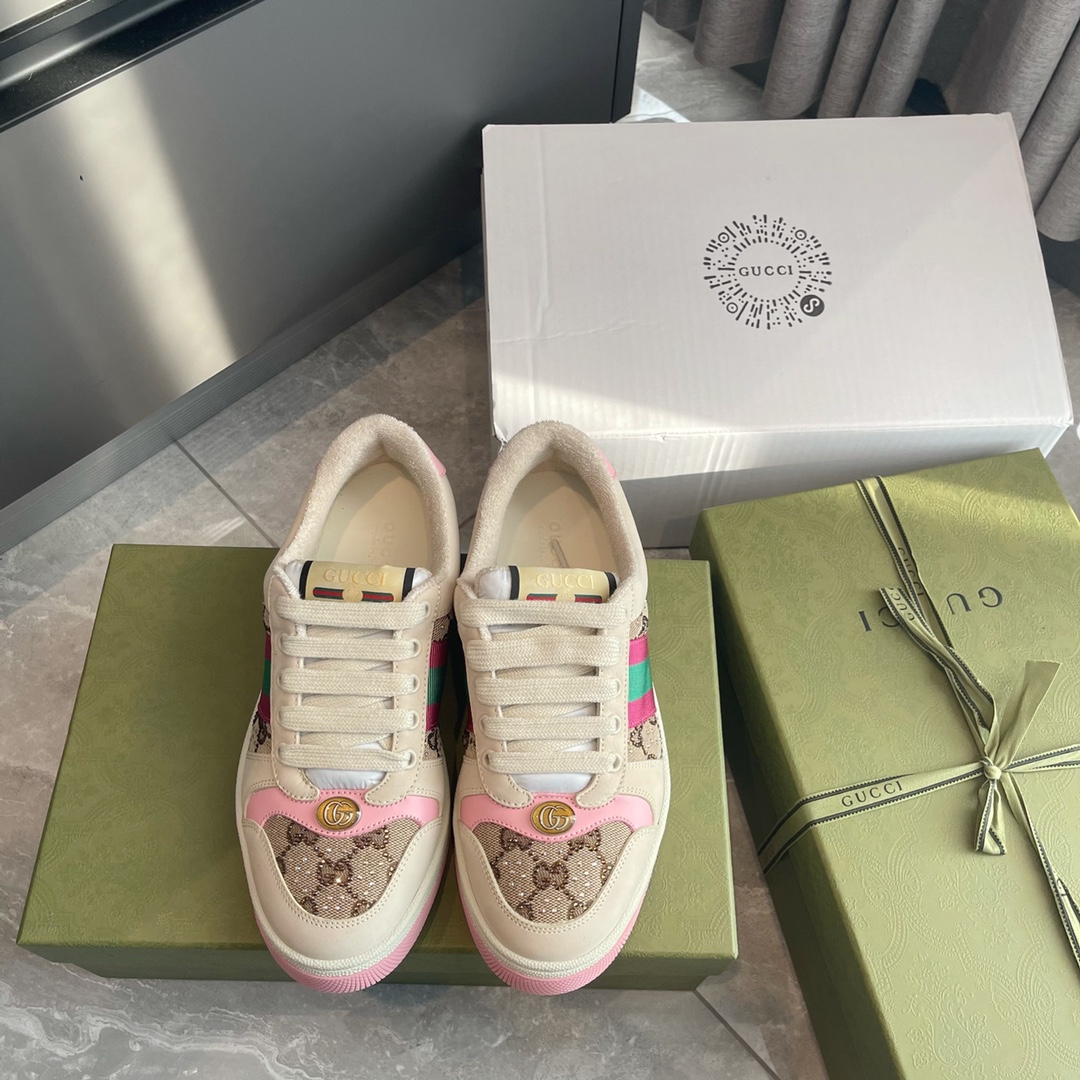 GUCCI 小髒鞋 牛皮 拼布 粉色 低筒 板鞋