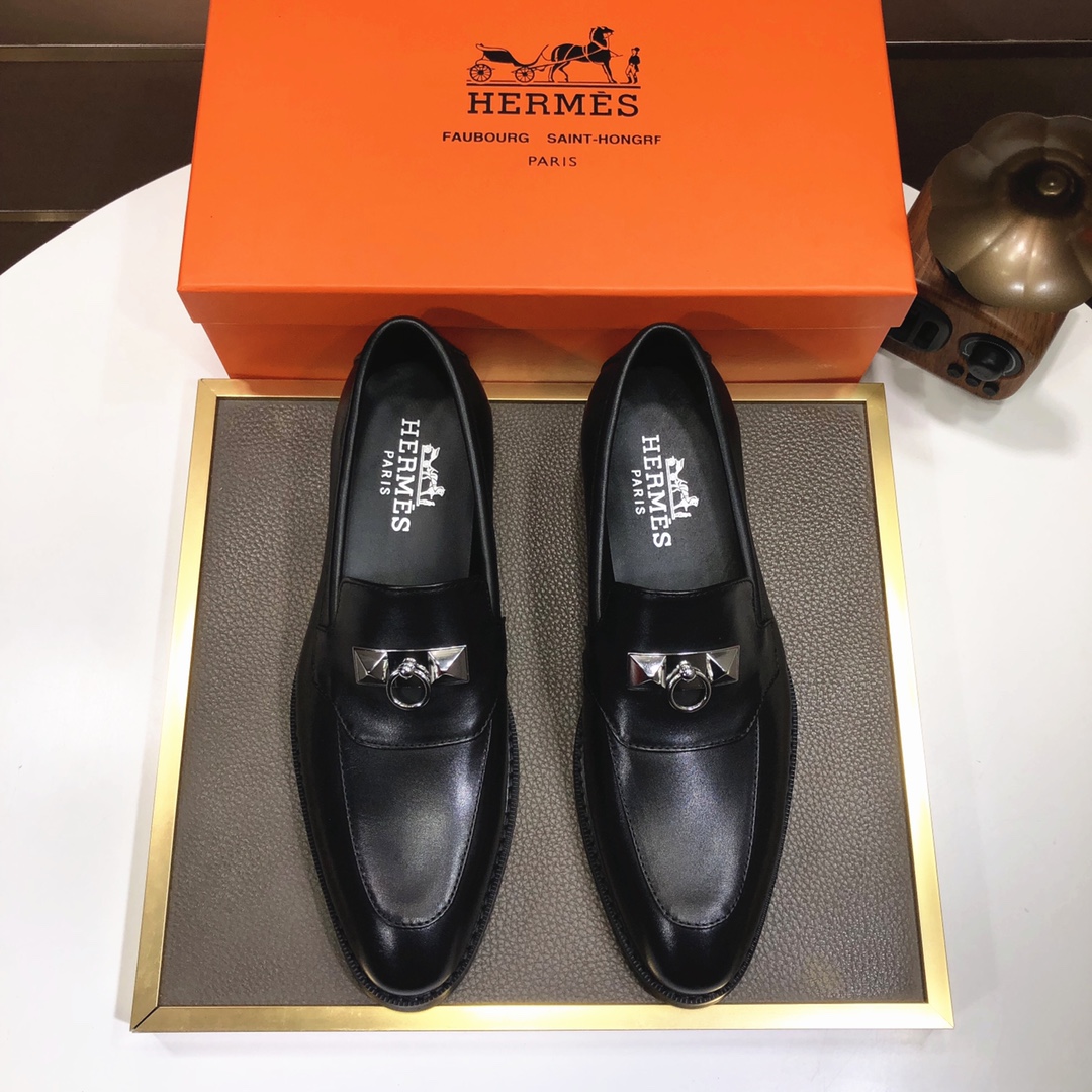 Hermes Men's Black Leather Loafers with Silver Hardware, Sizes 38-44 1 Hermes Men's Black Leather Loafers with Silver Hardware, Sizes 38-44