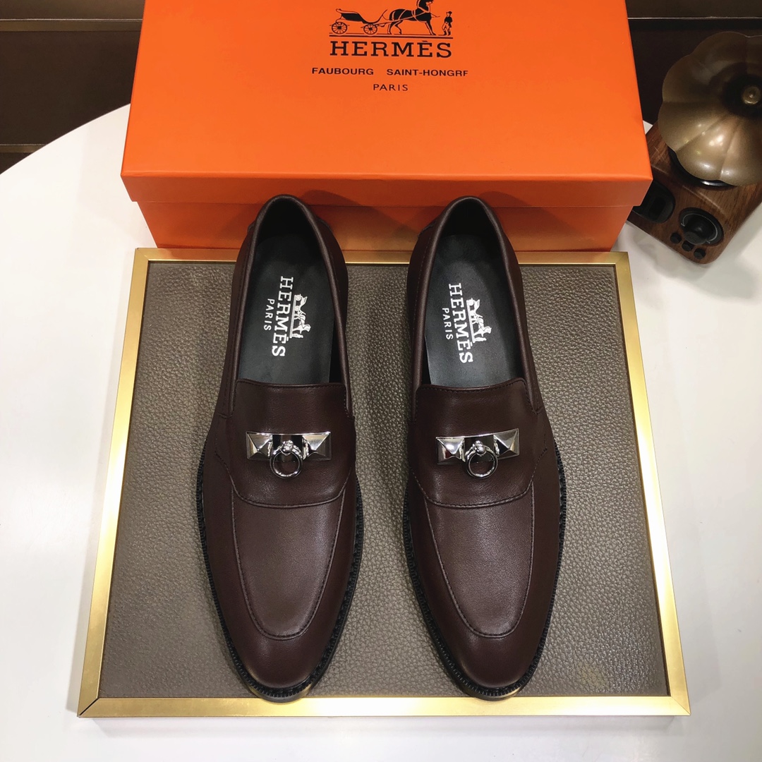 Hermes Men's Formal Leather Loafers Dress Shoes - Brown, Sizes 38-44 2 i1639677181 5203 0