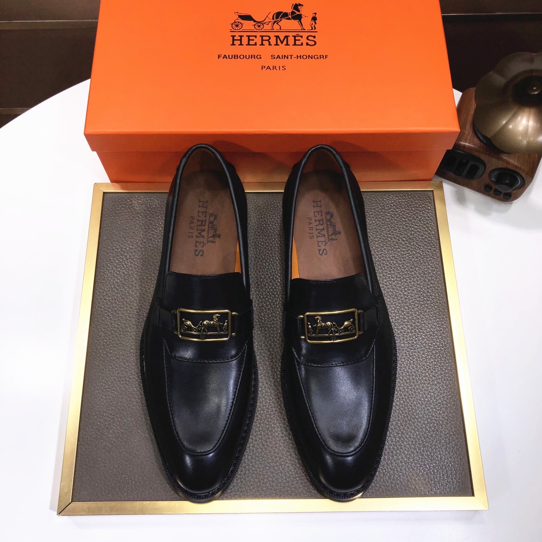Hermes Men's Black Leather Loafers with Gold-Tone Hardware, Sizes 38-44 1 Hermes Men's Black Leather Loafers with Gold-Tone Hardware, Sizes 38-44