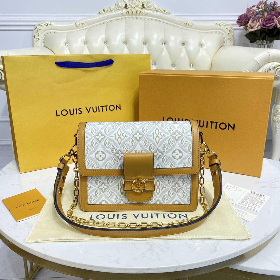 Louis Vuitton LV Dauphine Bags Handbags Beige Cowhide Fabric Vintage Chains M59483