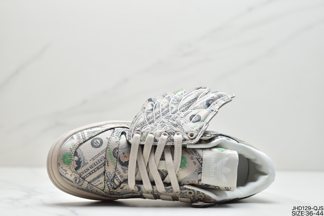 190 阿迪达斯adidas Forum Low JS 联名 米绿色满印纸钞翅膀低帮板鞋 GX6393