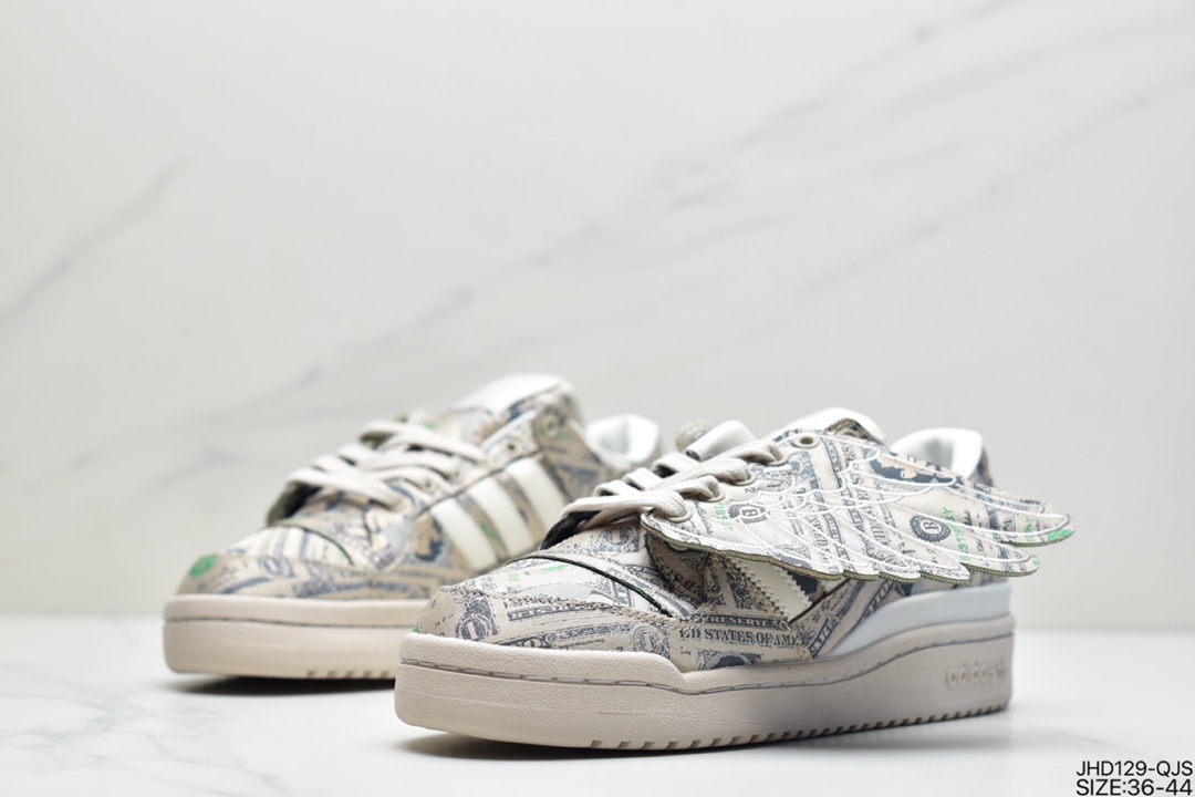 190 阿迪达斯adidas Forum Low JS 联名 米绿色满印纸钞翅膀低帮板鞋 GX6393