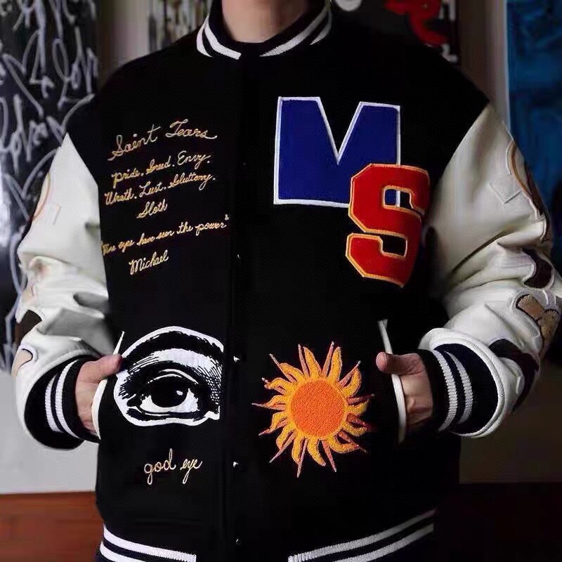 Saintmichael leather sleeves heavily embroidered baseball uniform coat jacket u