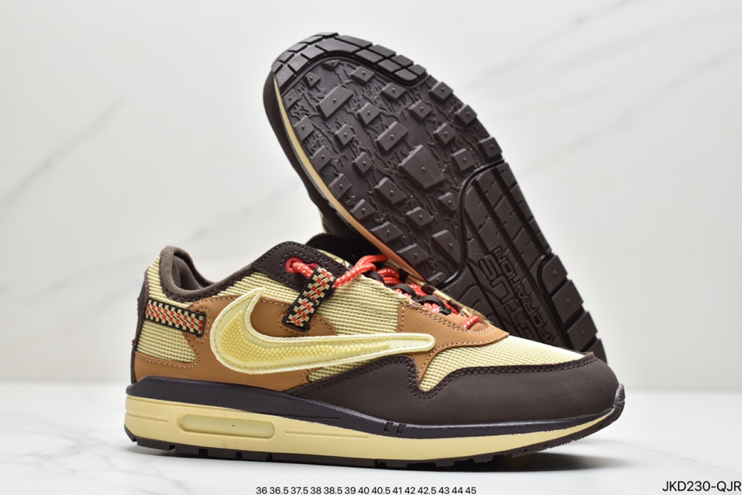 160 Travis Scott x Nike Air Max 1”Cactus Jack”改版款低帮复古百搭休闲运动慢跑鞋“深棕麦黄米倒钩”DO9392-200