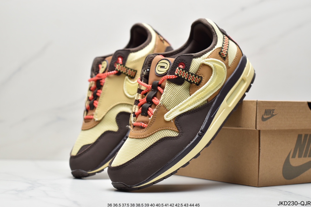 160 Travis Scott x Nike Air Max 1”Cactus Jack”改版款低帮复古百搭休闲运动慢跑鞋“深棕麦黄米倒钩”DO9392-200