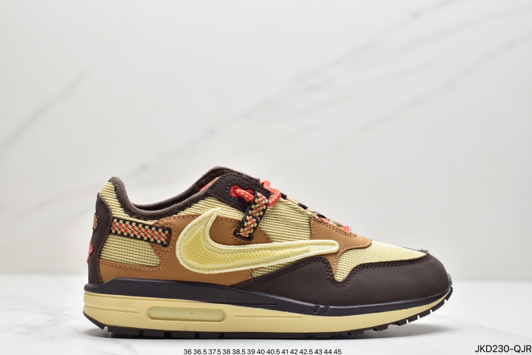 160 Travis Scott x Nike Air Max 1”Cactus Jack”改版款低帮复古百搭休闲运动慢跑鞋“深棕麦黄米倒钩”DO9392-200