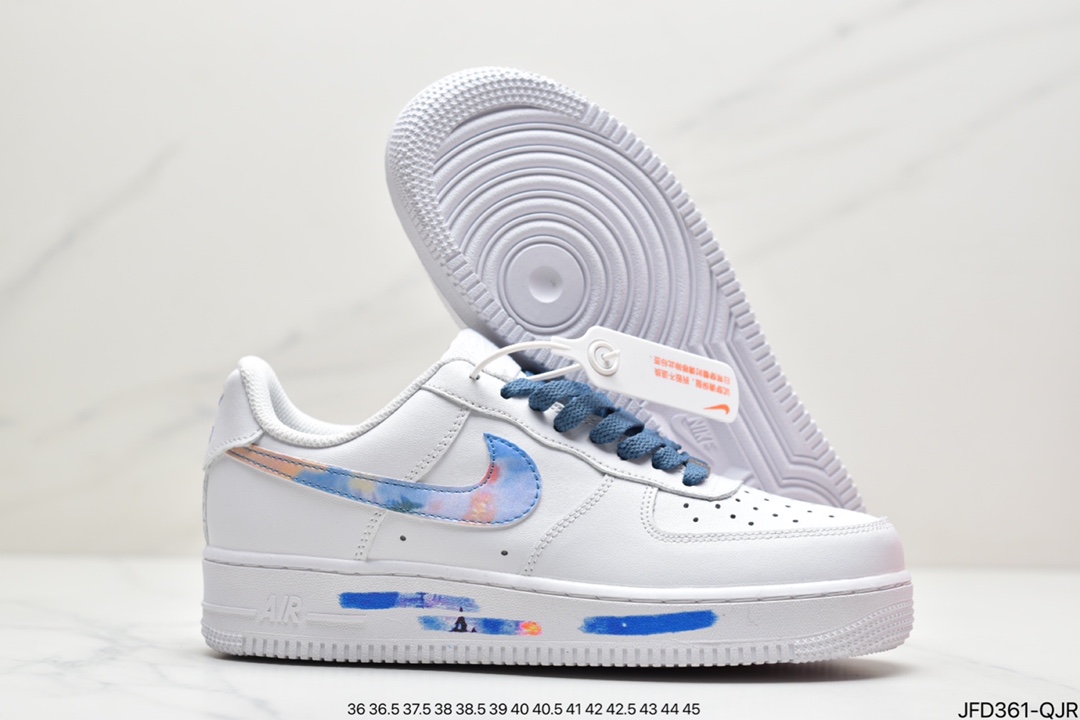 170 耐克Nike Air Force 1 07 LV8”White/Landscape Painting”空军一号经典低帮百搭休闲运动板鞋“皮革白蓝水彩涂鸦”DD8959-100