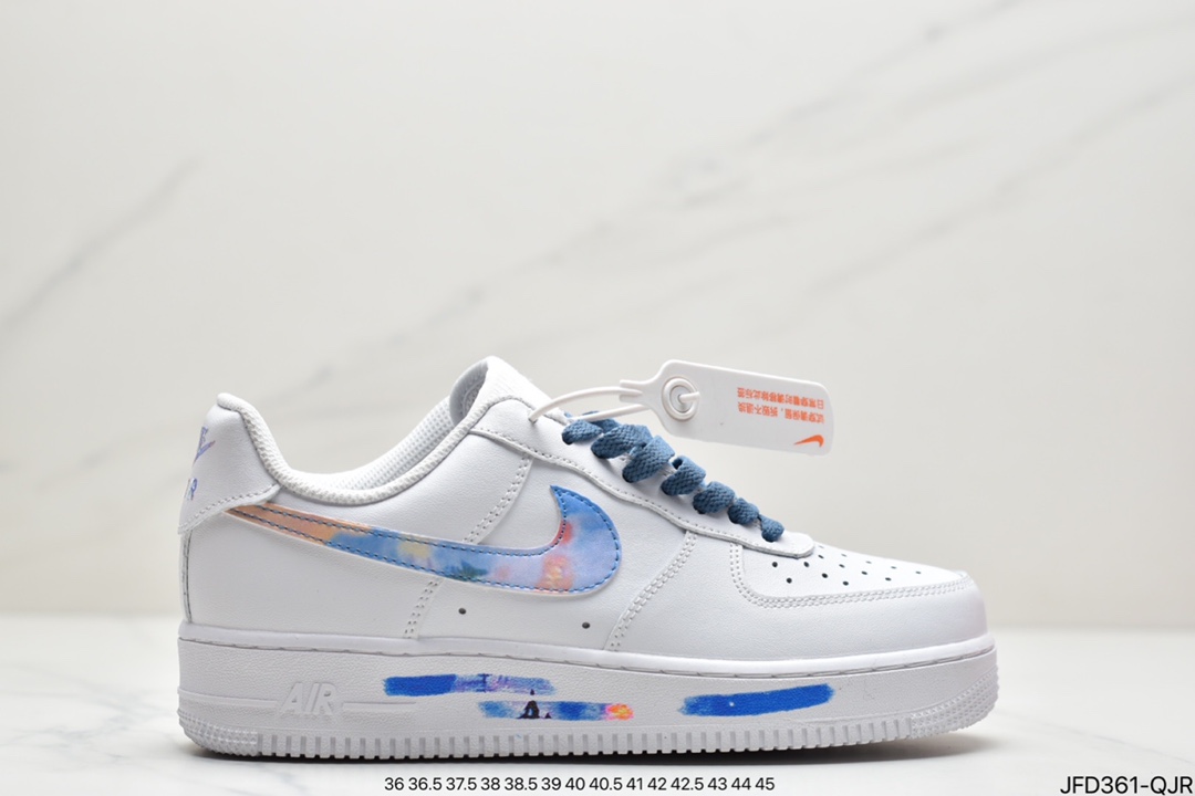 170 耐克Nike Air Force 1 07 LV8”White/Landscape Painting”空军一号经典低帮百搭休闲运动板鞋“皮革白蓝水彩涂鸦”DD8959-100