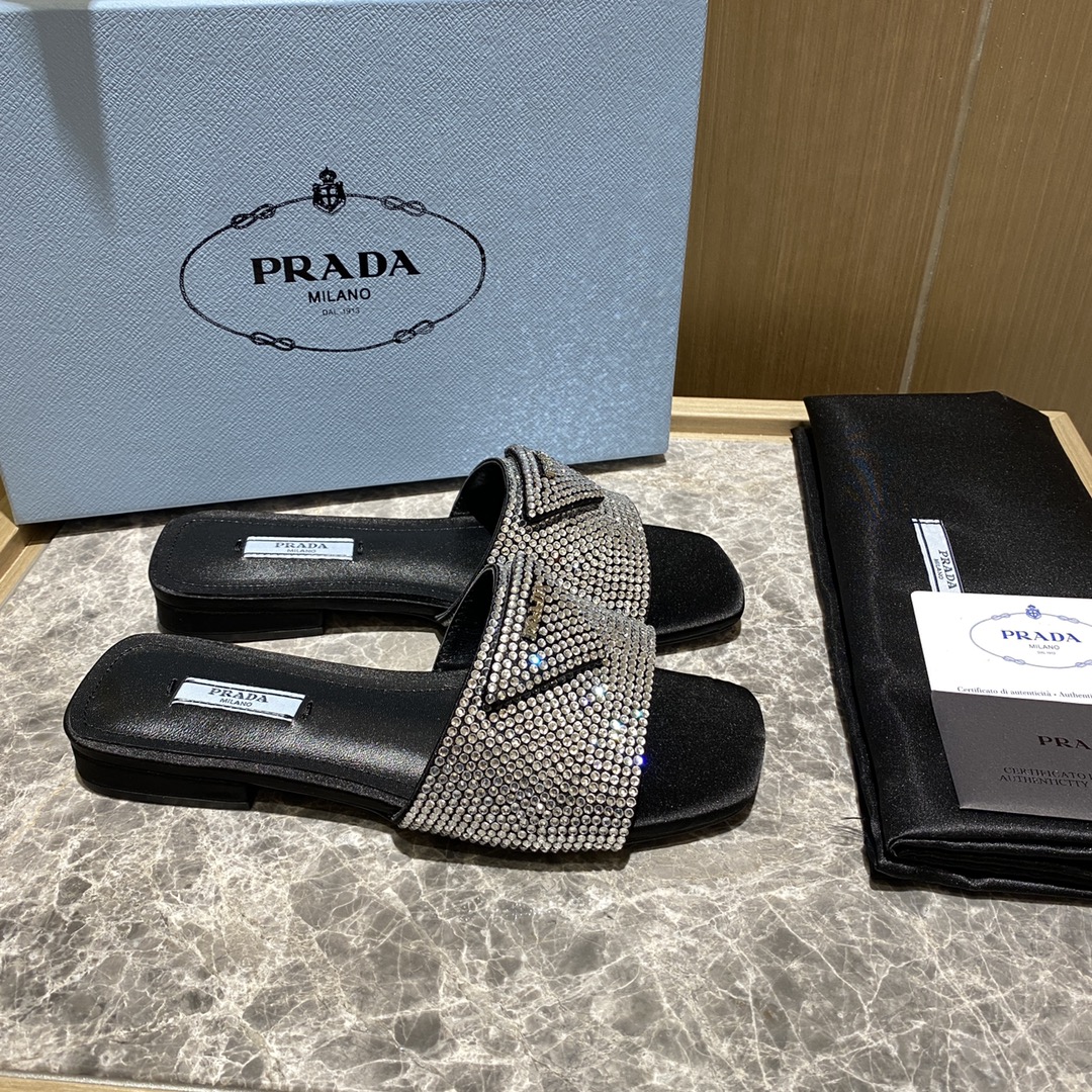 Top del mercado Prada/Prada 2022ss Full Diamonds Collection Brillantes zapatillas planas de punta cu