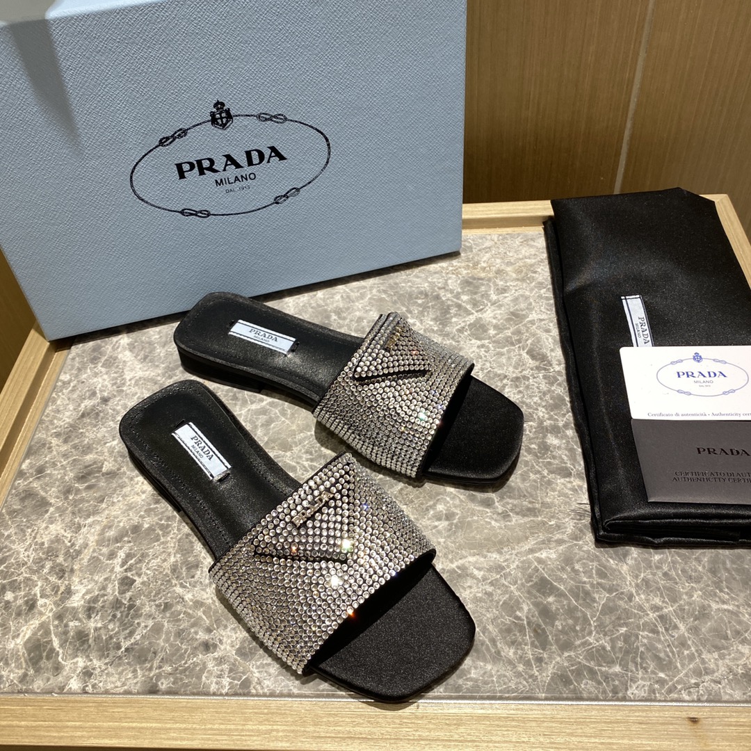 Top del mercado Prada/Prada 2022ss Full Diamonds Collection Brillantes zapatillas planas de punta cu