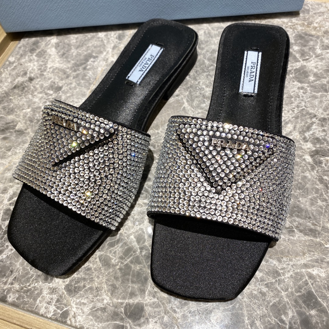 Top del mercado Prada/Prada 2022ss Full Diamonds Collection Brillantes zapatillas planas de punta cu
