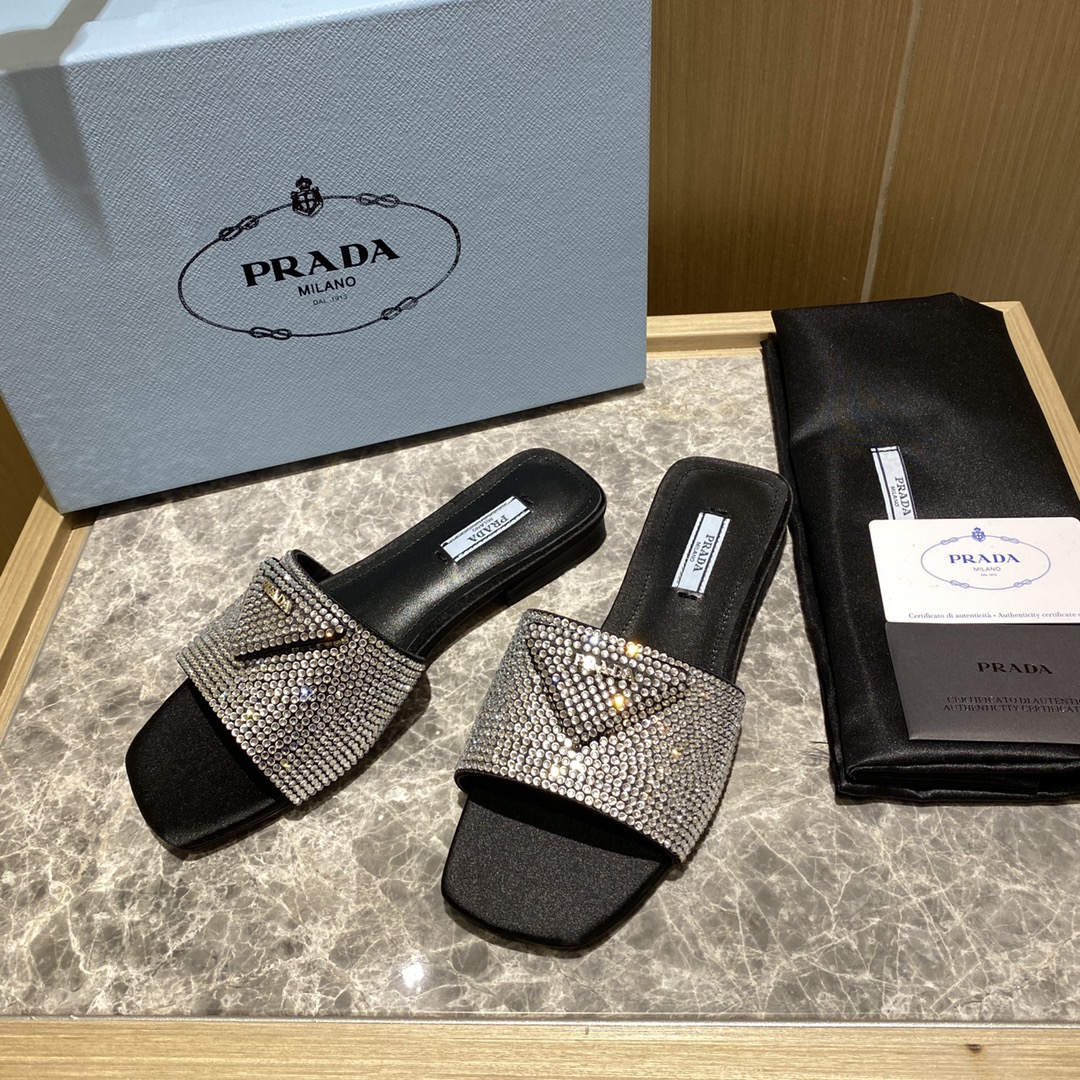 Top del mercado Prada/Prada 2022ss Full Diamonds Collection Brillantes zapatillas planas de punta cu