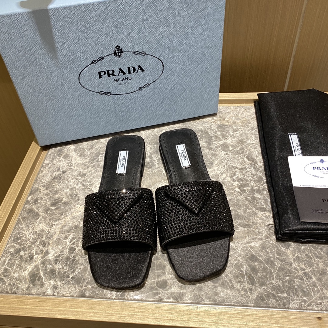 Top del mercado Prada/Prada 2022ss Full Diamonds Collection Brillantes zapatillas planas de punta cu