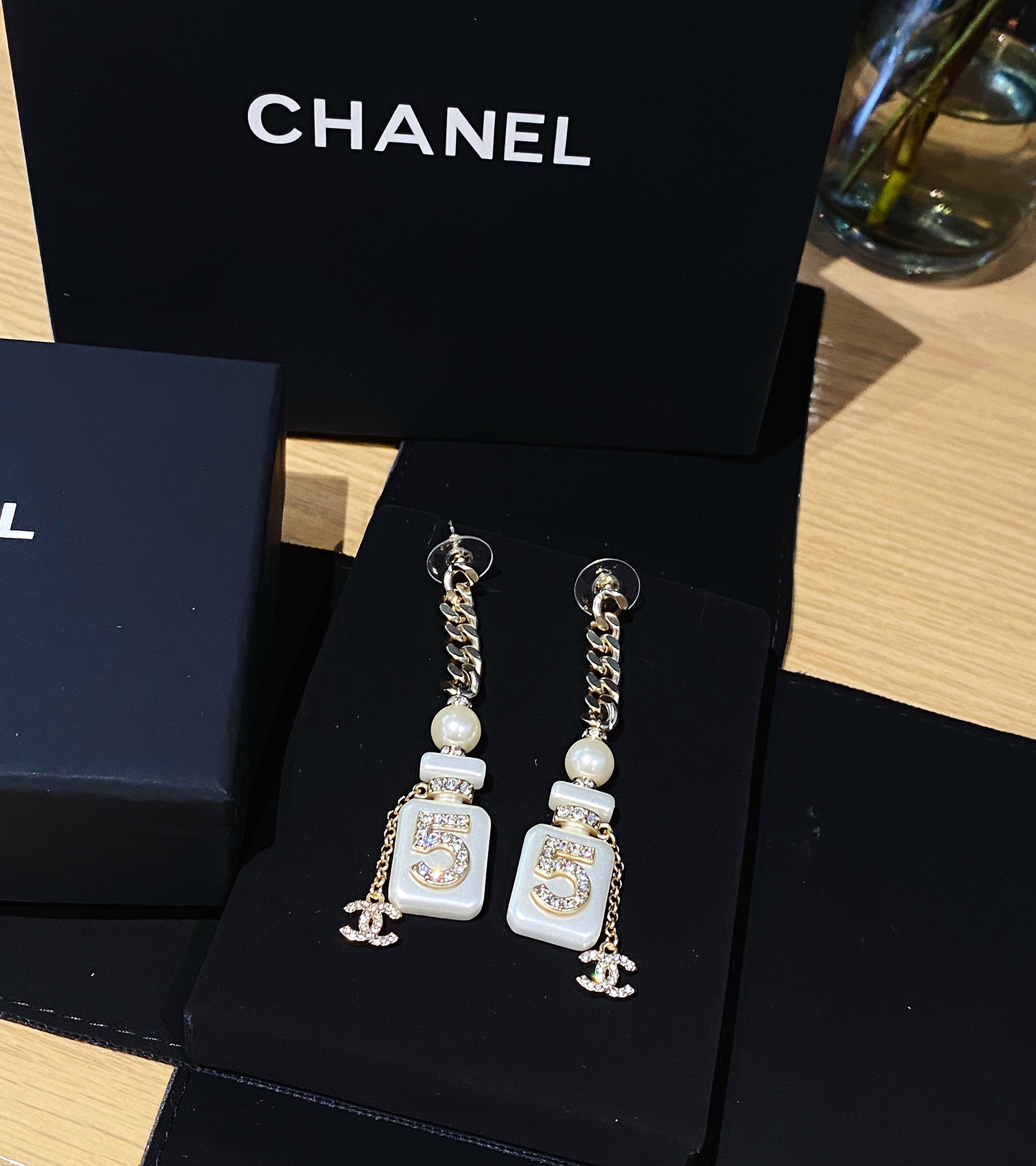 CHANEL Earrings Perfume Bottle Chain Acrylic Brass 5-Letter Motif