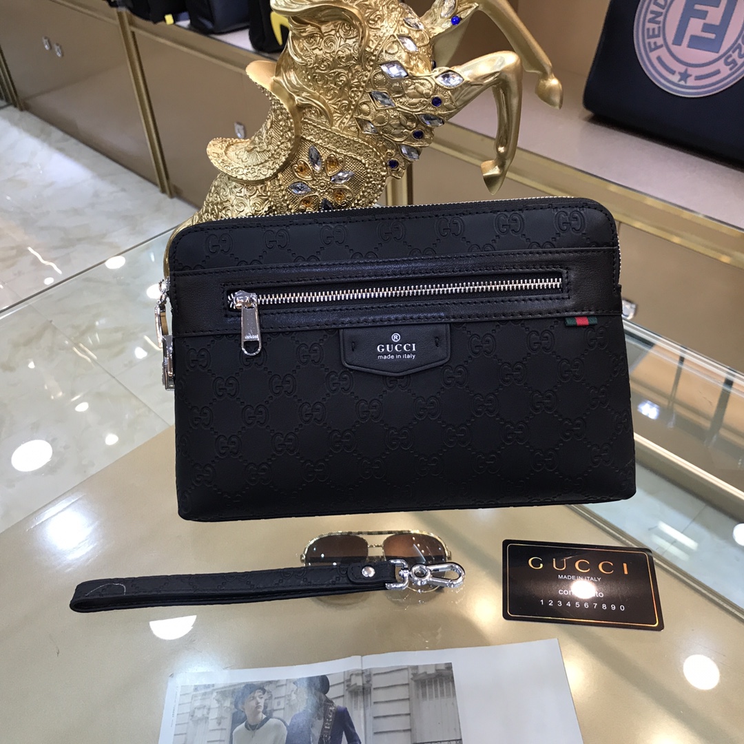 L0  男士手拿包，高端进口双G花皮 皮纹清晰皮光泽度极佳，皮质手感柔软舒适完美诠释了皮的品质专注高端 只做精品型号：6602-7尺寸：27-18-3.5颜色：黑色全皮