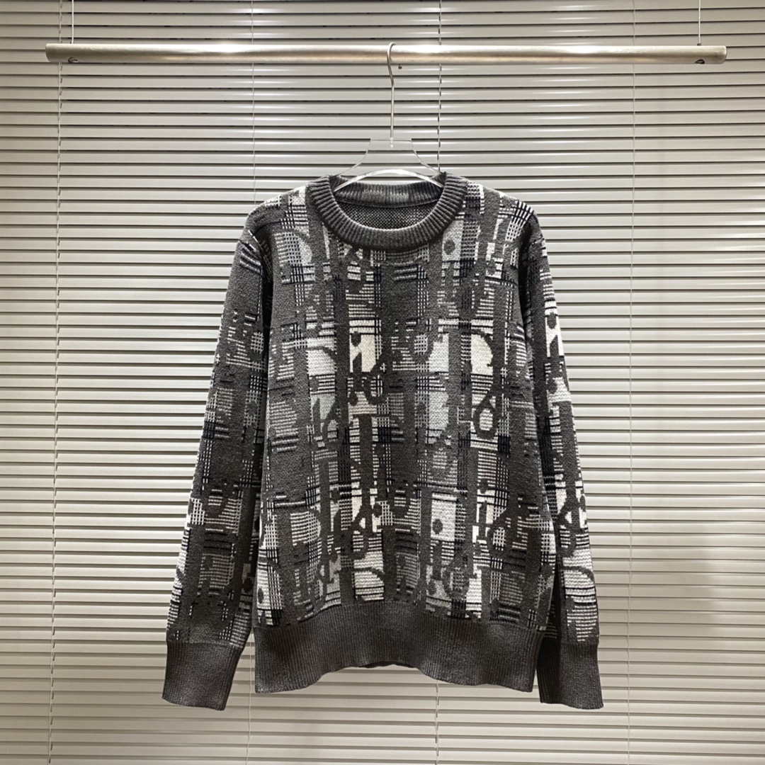 Jersey Dior DR con cuello redondo en jacquard con logo y letras a cuadros gris S M L XL XXL