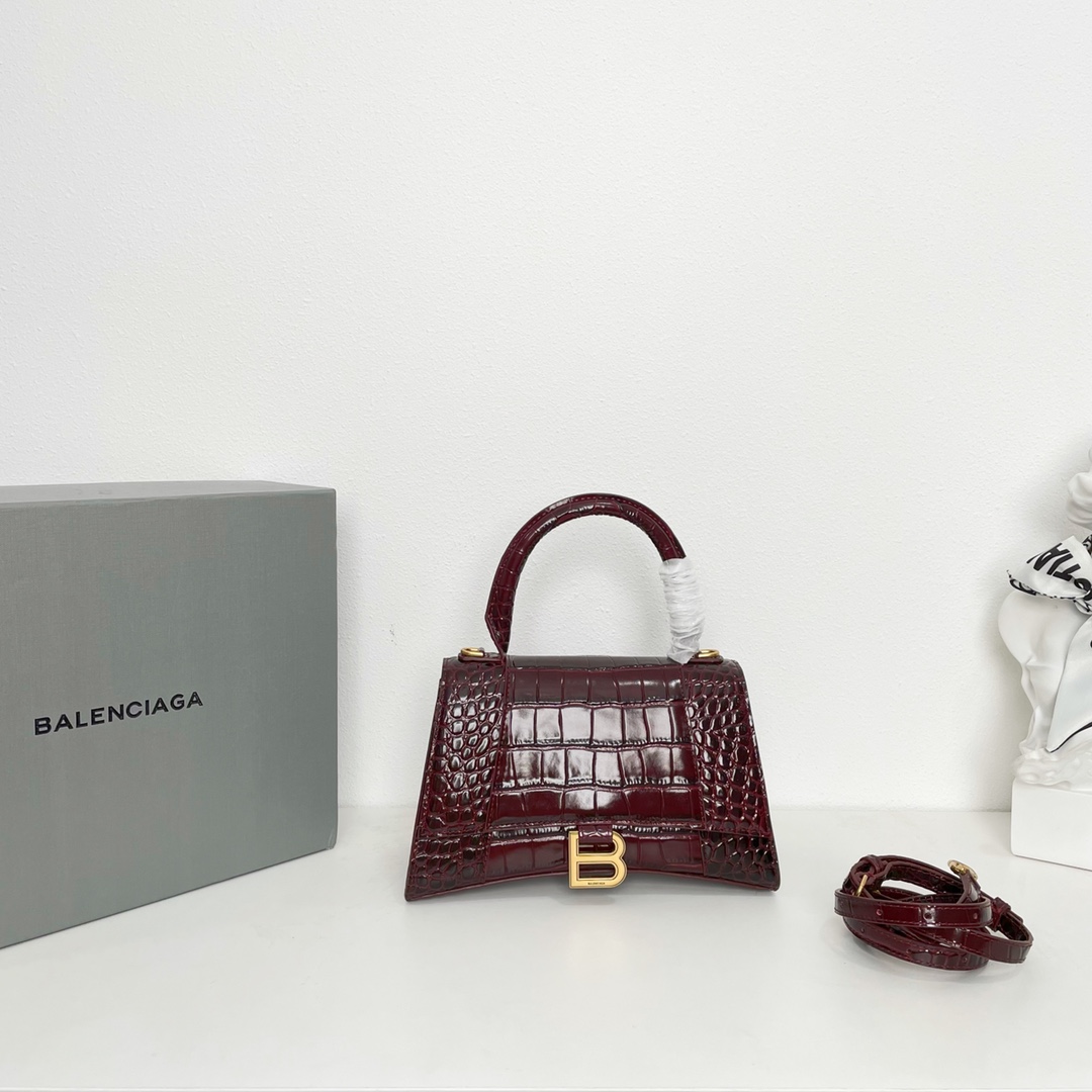 巴黎世家BalenciagaHourglass沙漏包S号2️3️cm高级时尚的酒红色鳄鱼纹进口原单小牛皮